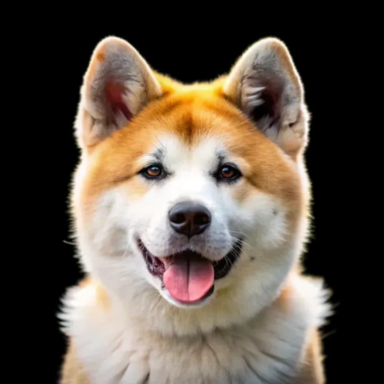 A headshot of an Akita dog with white and brown fur