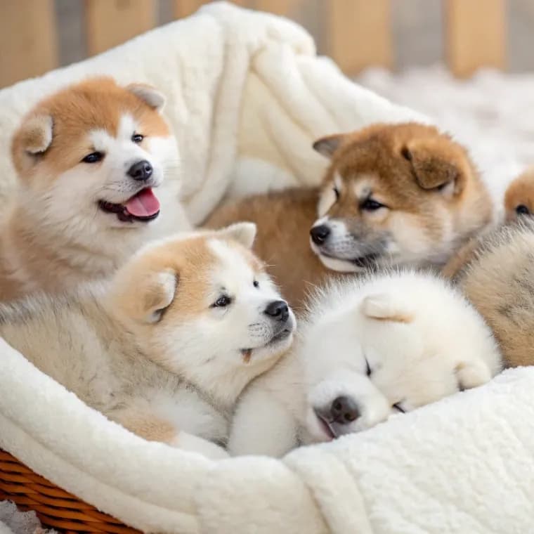 Five Akita puppies laying in a bed with a white blanket