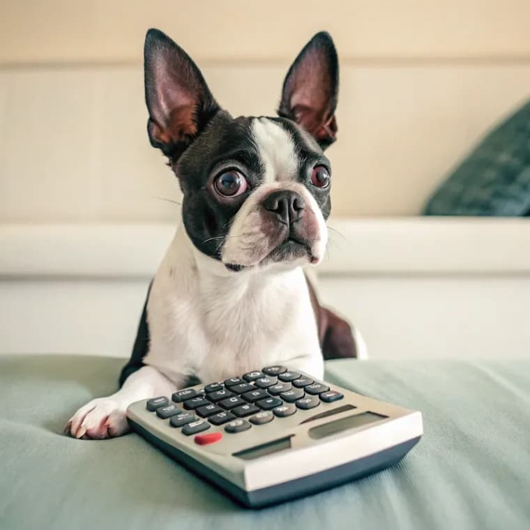Boston Terrier sitting with a calculator