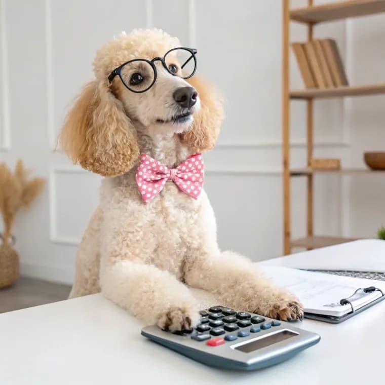 A poodle sitting with a calculator at a desk wearing glasses