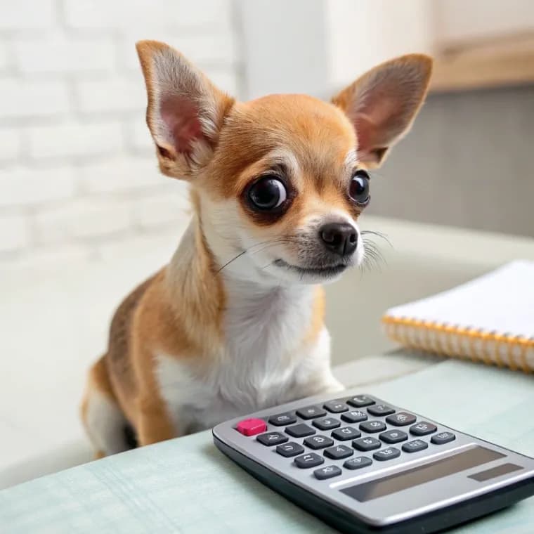 Chihuahua sitting with a calculator