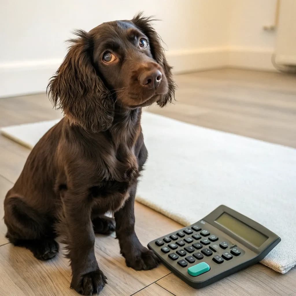 A Boykin Spaniel sitting inside with a calculator