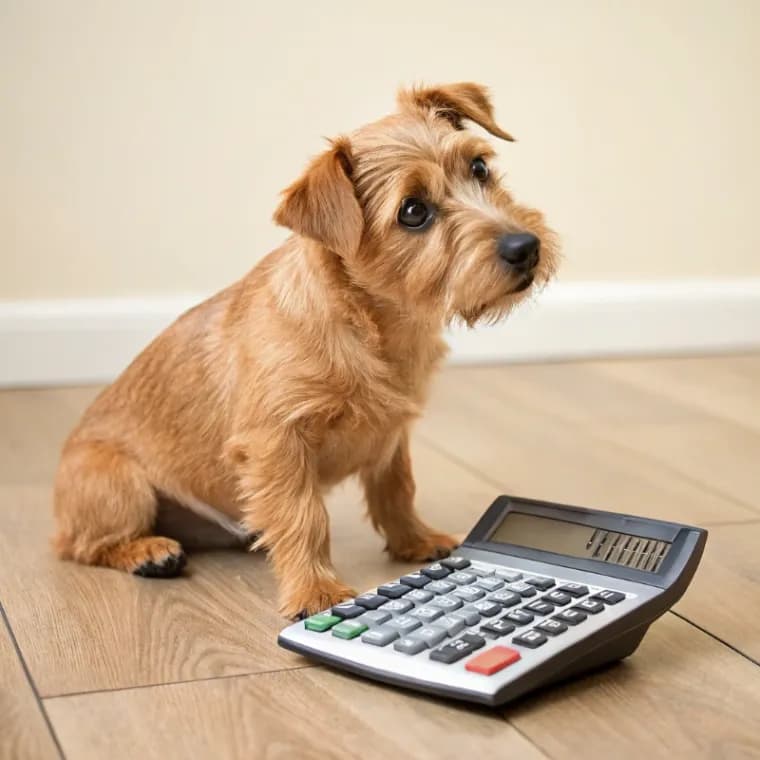 Norfolk Terrier sitting with a calculator
