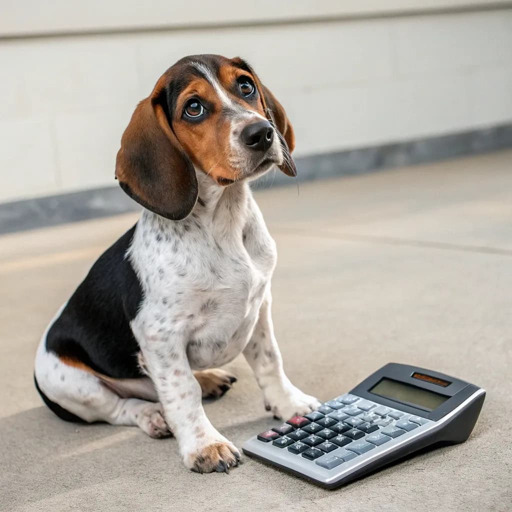 A Coonhound puppy sitting on the pavement with a calculator
