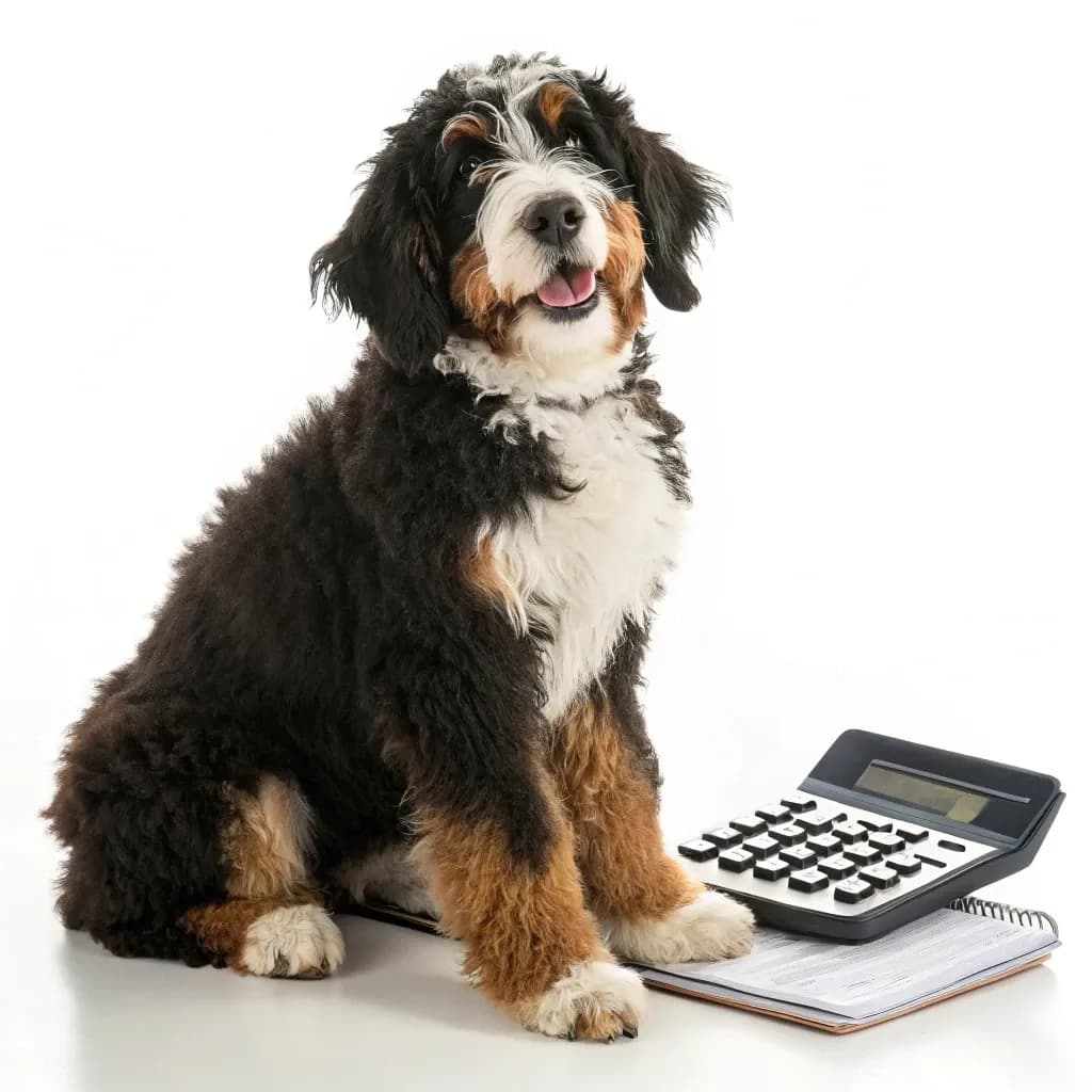Saint Berdoodle sitting with a calculator