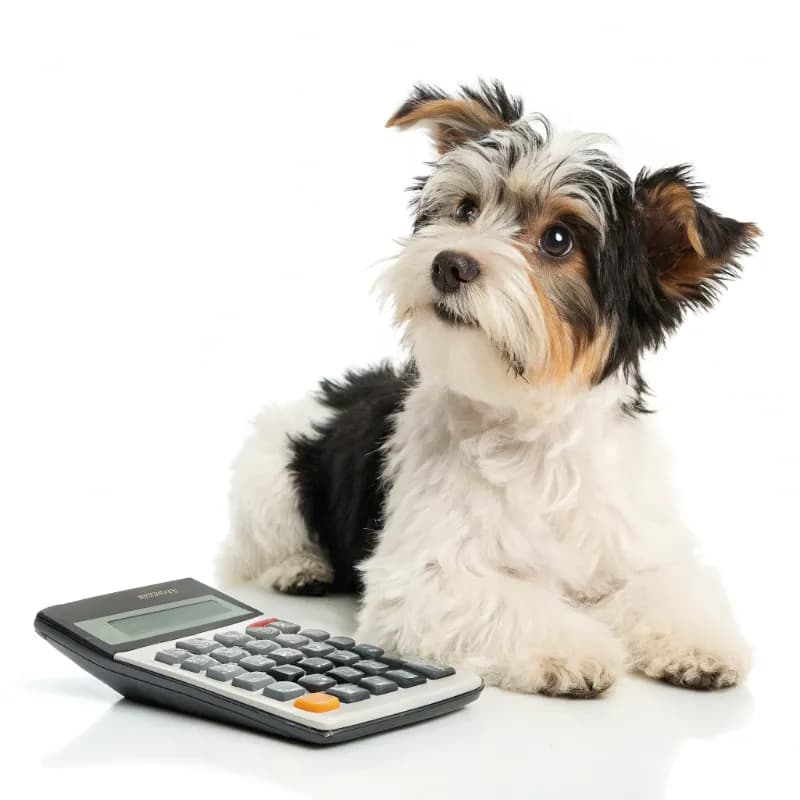 Biewer Terrier sitting with a calculator