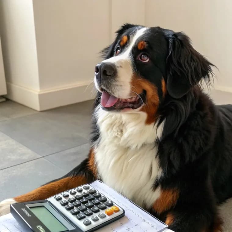 Bernese Mountain Dog sitting with a calculator