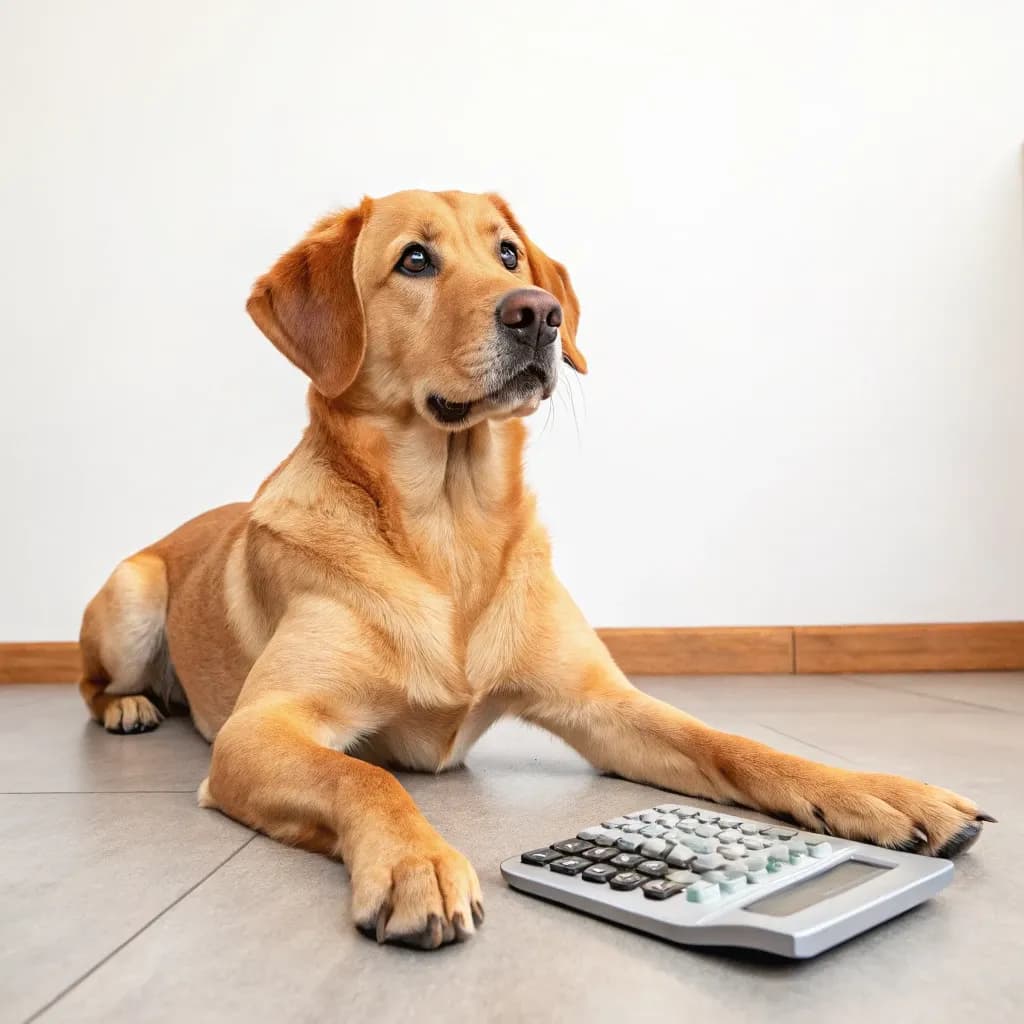 A Red Fox Labrador Retriever sitting on hardwood floor with a calculator