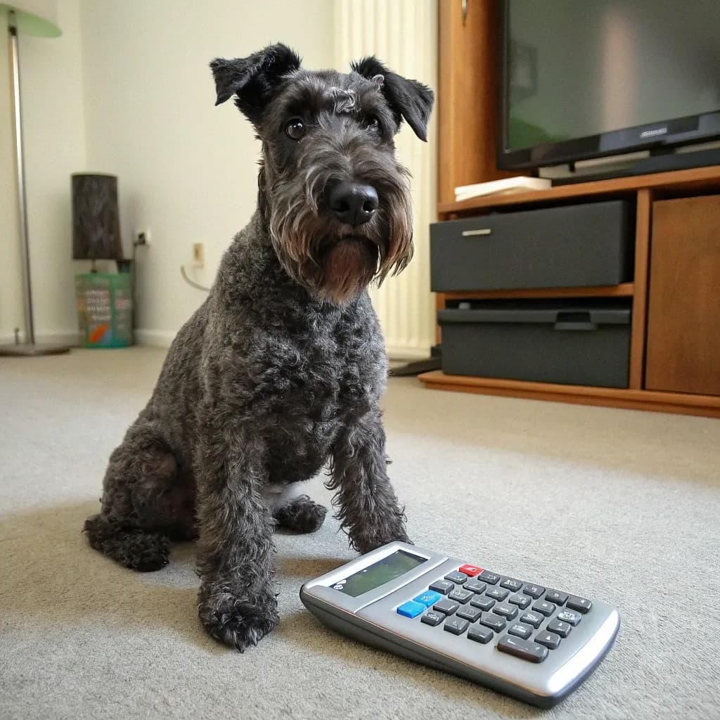 A Kerry Blue Terrier dog sitting with a calculator inside a house on white carpet