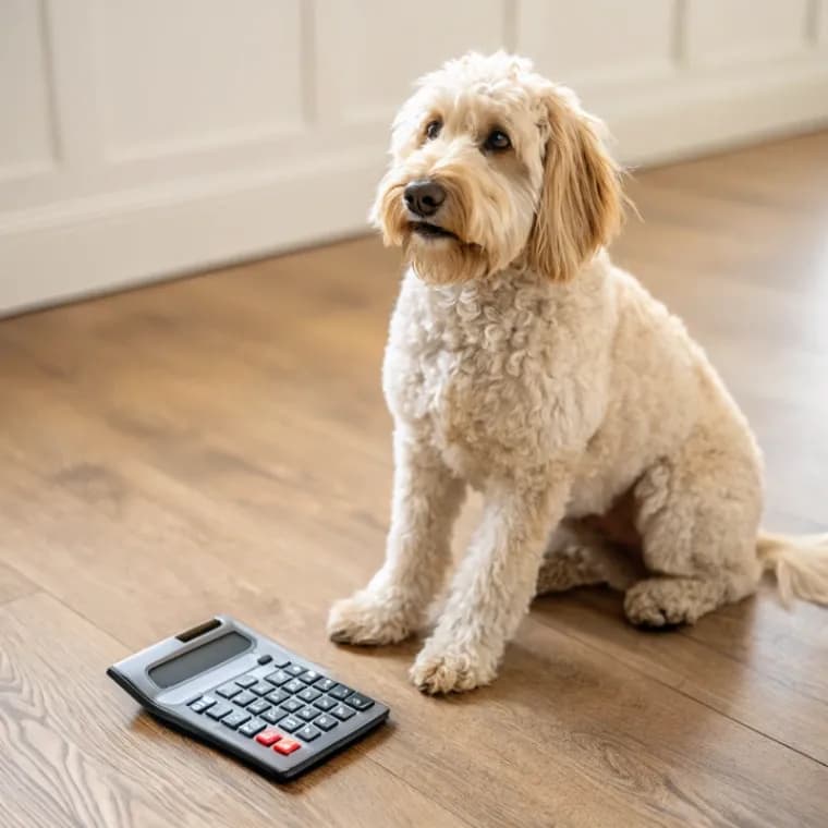 Labradoodle sitting with a calculator