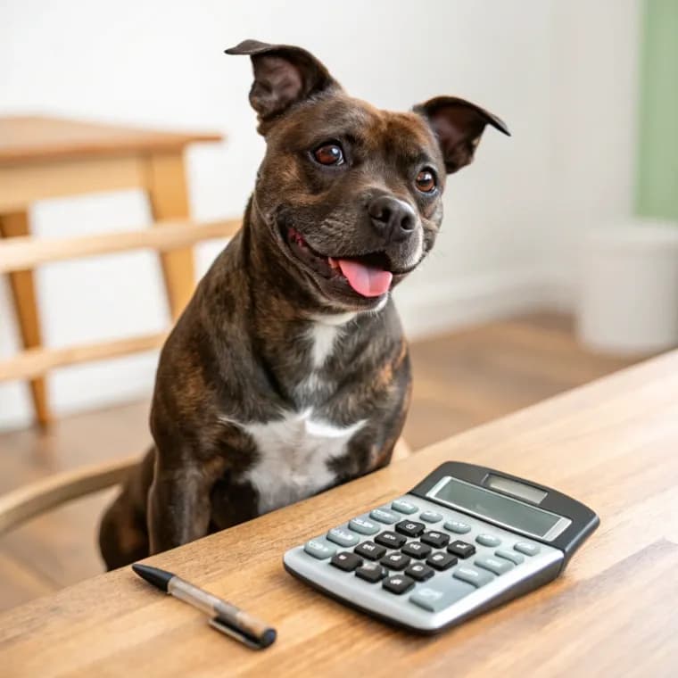Staffordshire Bull Terrier sitting with a calculator