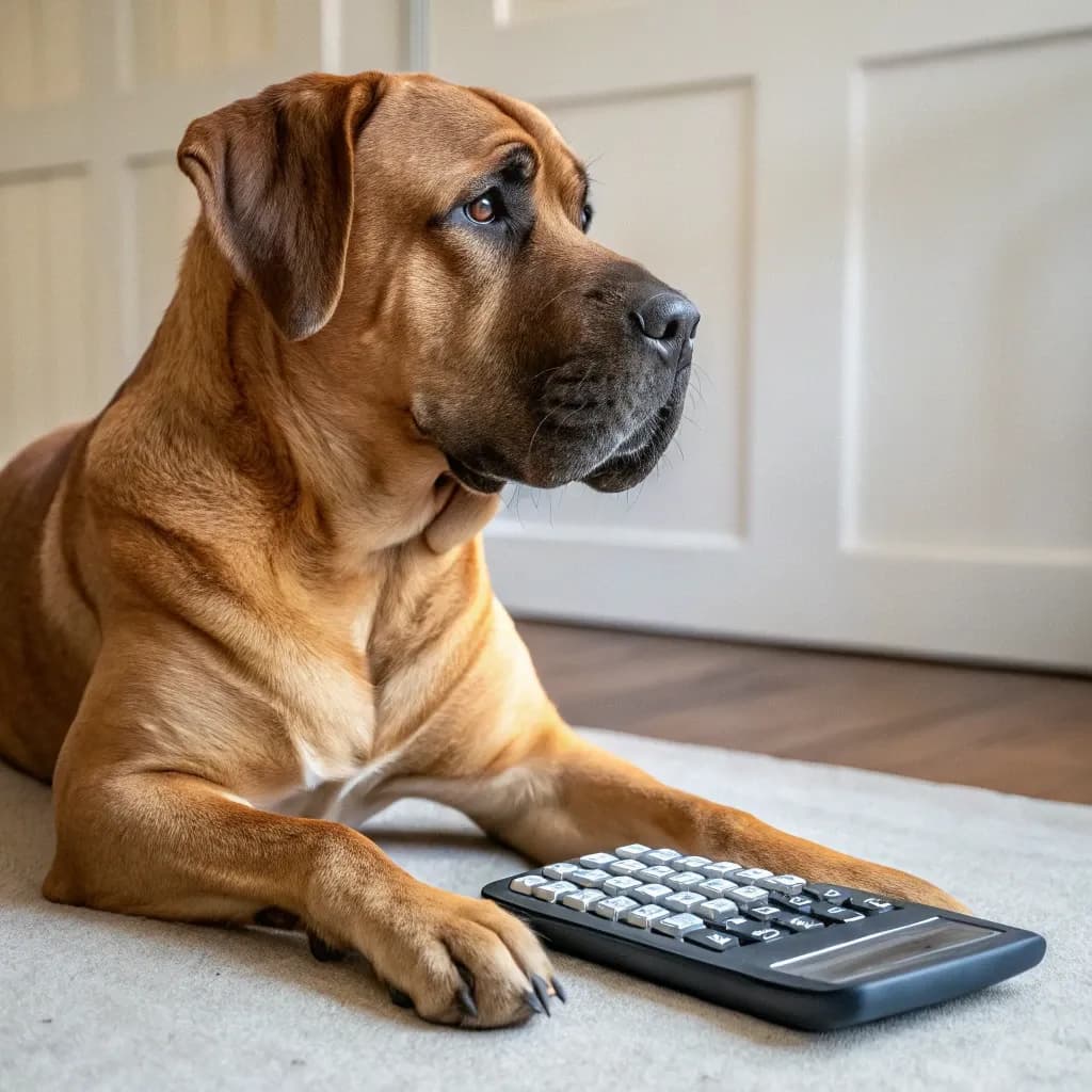 A Tosa Inu (Japanese Mastiff) sitting inside on a grey carpet with a calculator