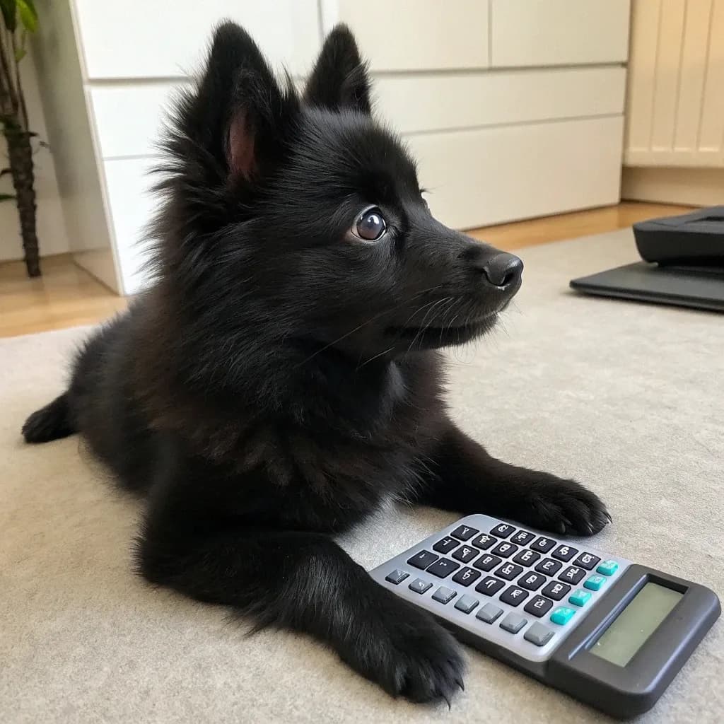 Schipperke sitting with a calculator