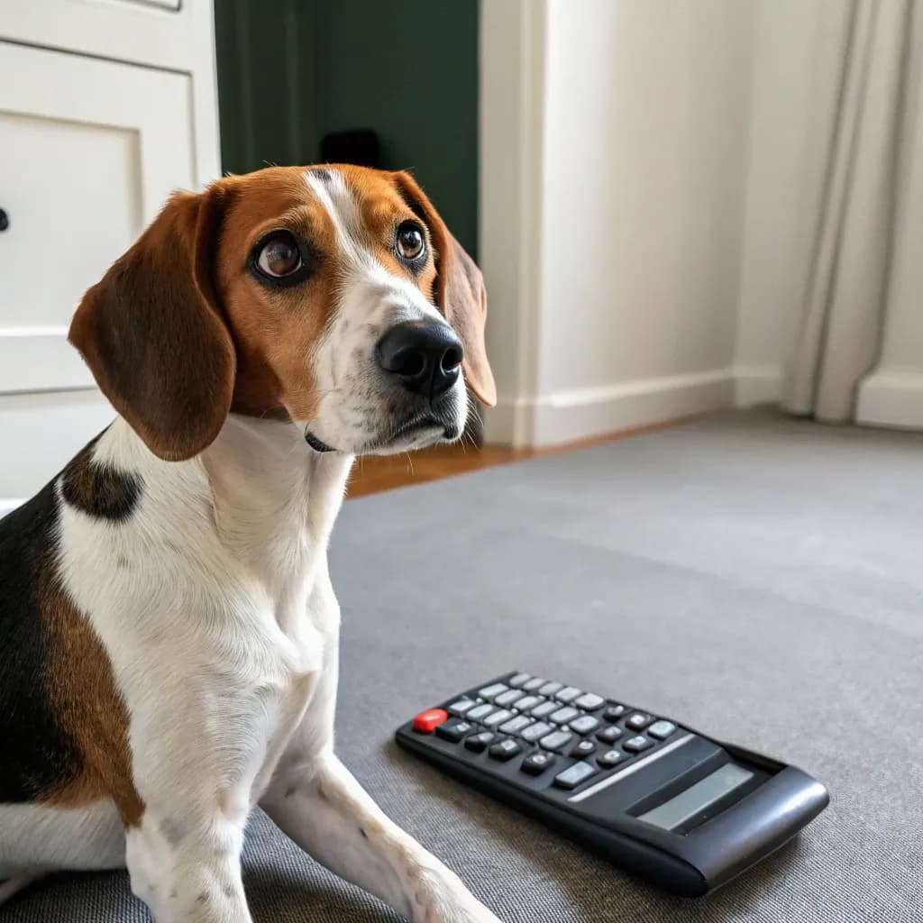 A Treeing Walker Coonhound sitting on a grey carpet with a calculator