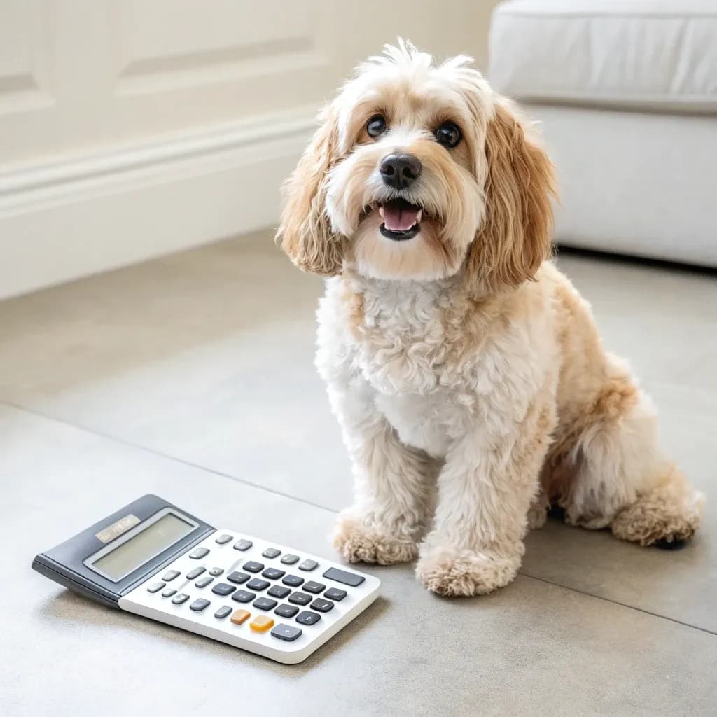 A Cavachon dog sitting inside next to a calculator