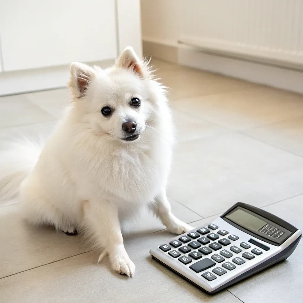 A miniature American Eskimo dog sitting on the floor with a calculator
