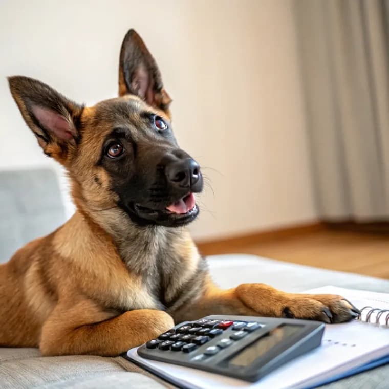 Belgian Malinois sitting with a calculator
