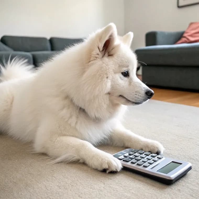 Samoyed sitting with a calculator