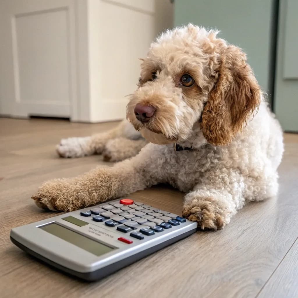 A photo of a Lagotto Romagnolo on the hardwood floor with a calculator