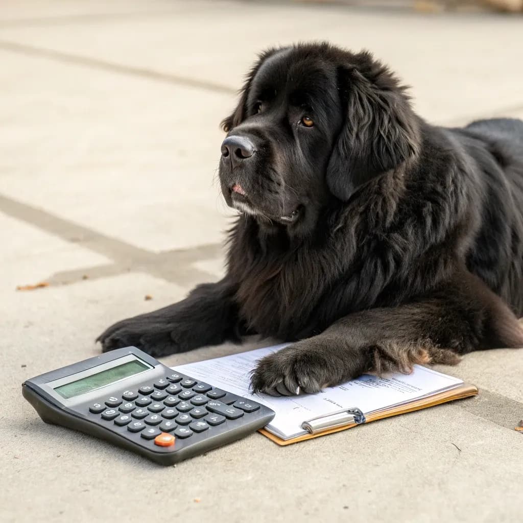 A Newfoundland dog sitting on the ground with a calculator