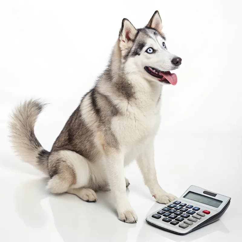 Siberian Husky sitting with a calculator