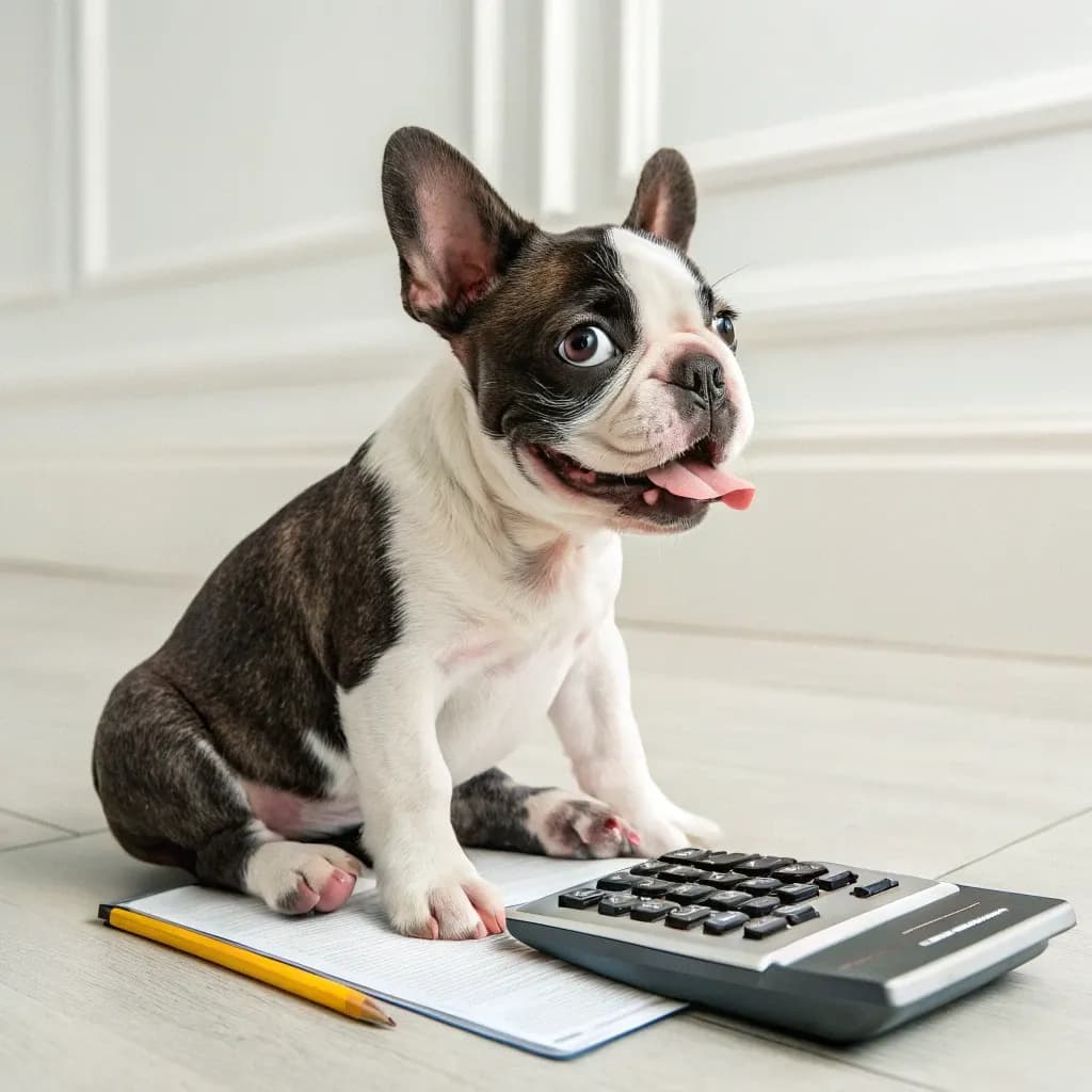 A frenchton pup sitting with a notebook, pencil and calculator