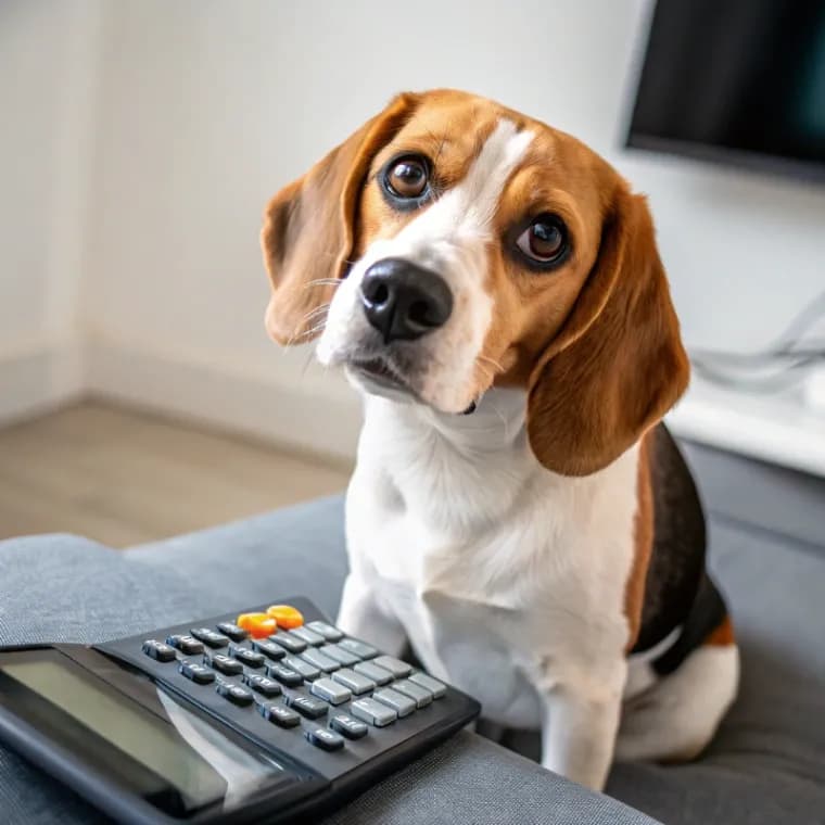 Beagle sitting with a calculator
