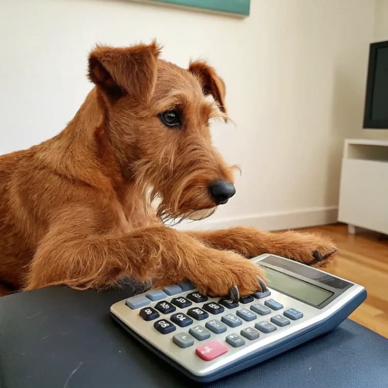 Irish Terrier sitting with a calculator