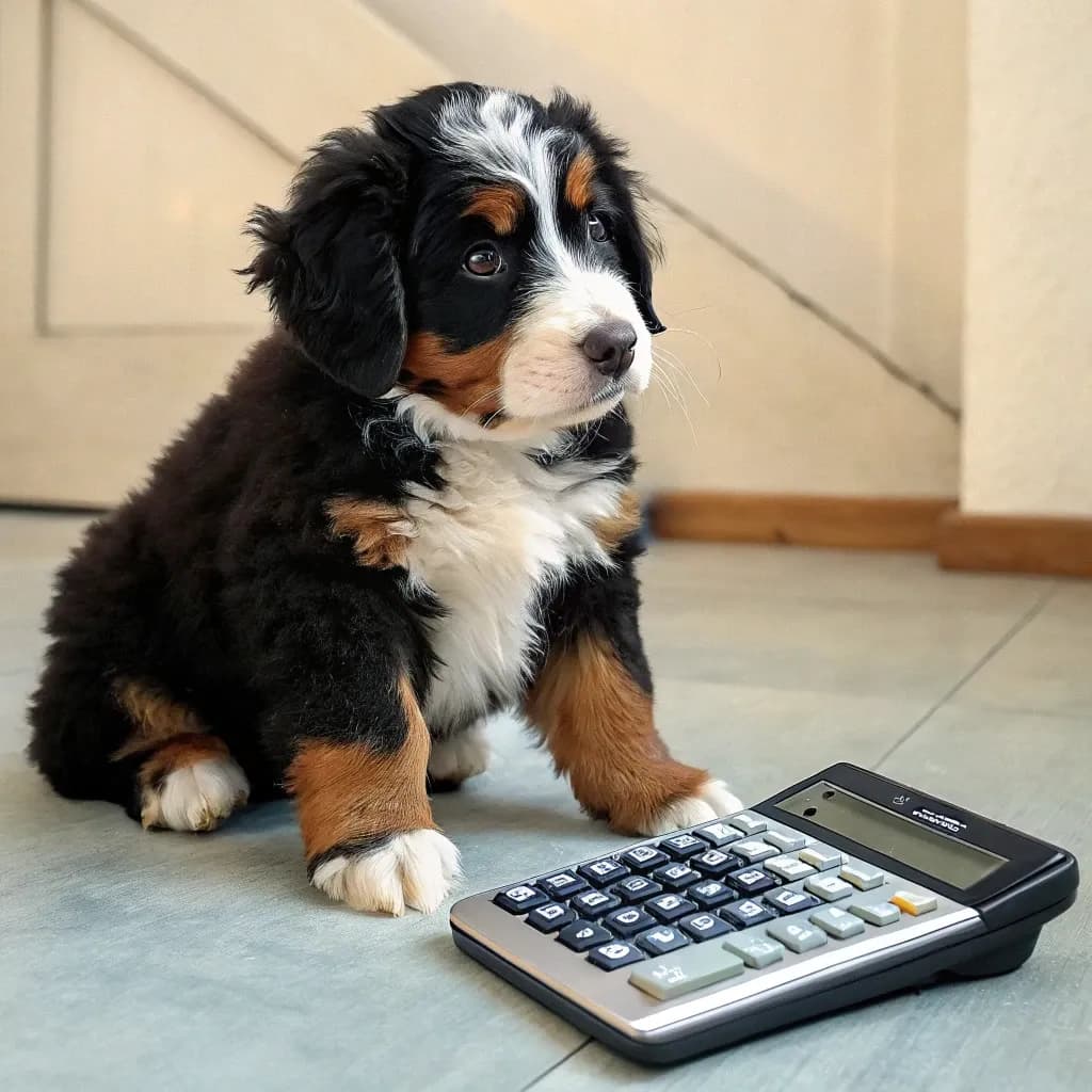 A small, miniature Bernedoodle sitting on the floor with a calculator