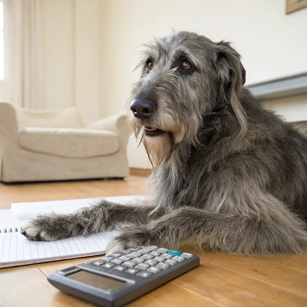 An Irish Wolfhound sitting on the hardware floor at home sitting with a calculator