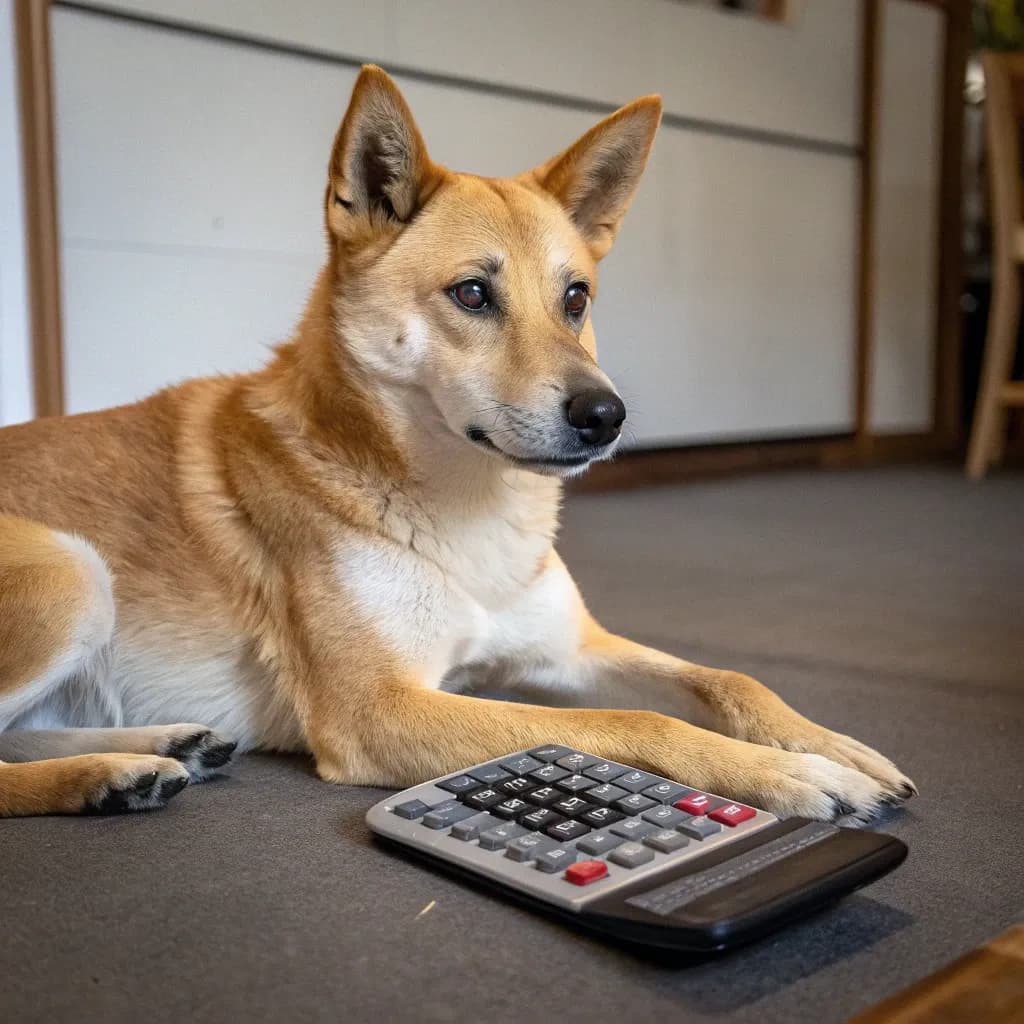 An American Dingo (or Caroline Dog) sitting on the carpet with a calculator