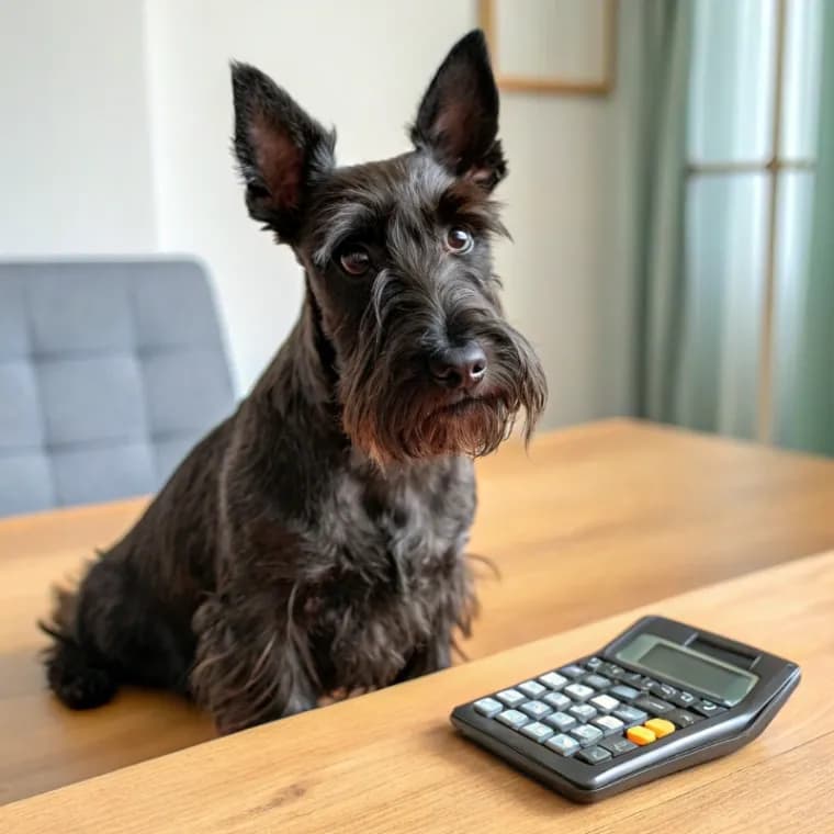 Scottish Terrier sitting with a calculator