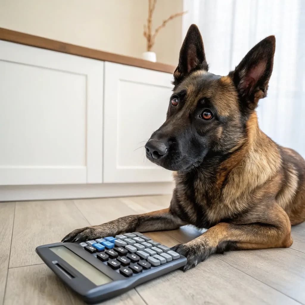 A photo of a Dutch Shepherd sitting on the hardwood floor with a calculator