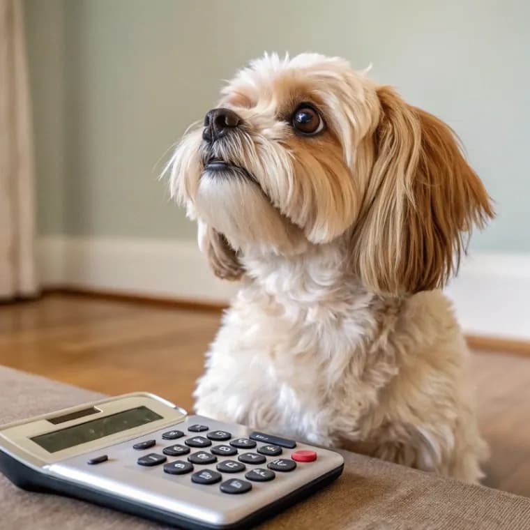 Shorkie sitting with a calculator