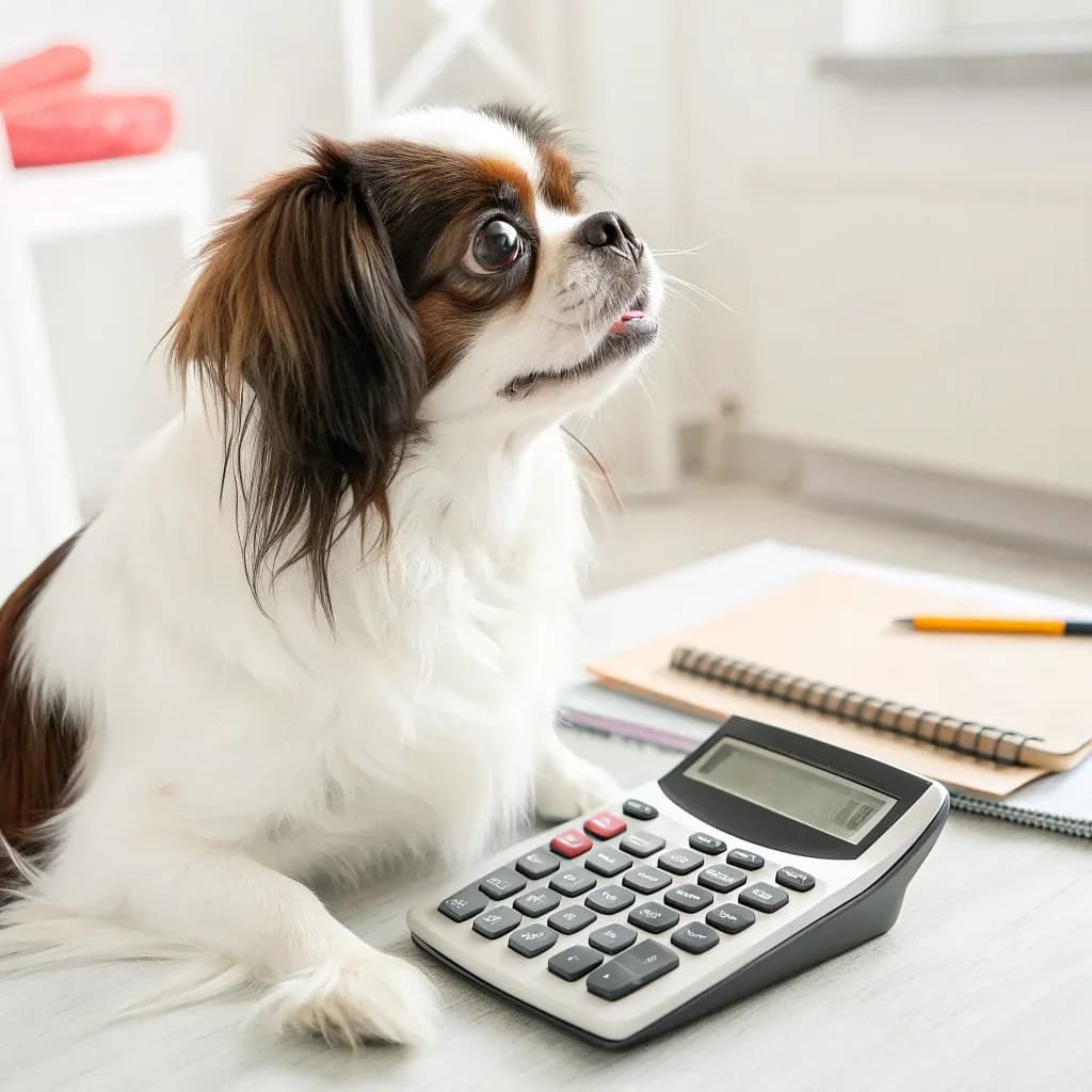 A Japanese Chin dog sitting on the floor with a calculator