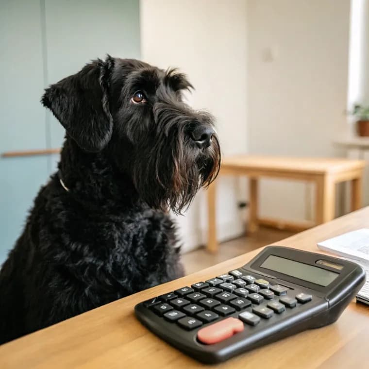 Black Russian Terrier sitting with a calculator