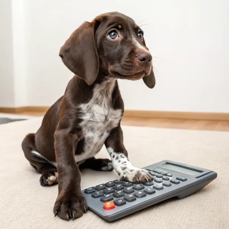 German Shorthaired Pointer sitting with a calculator