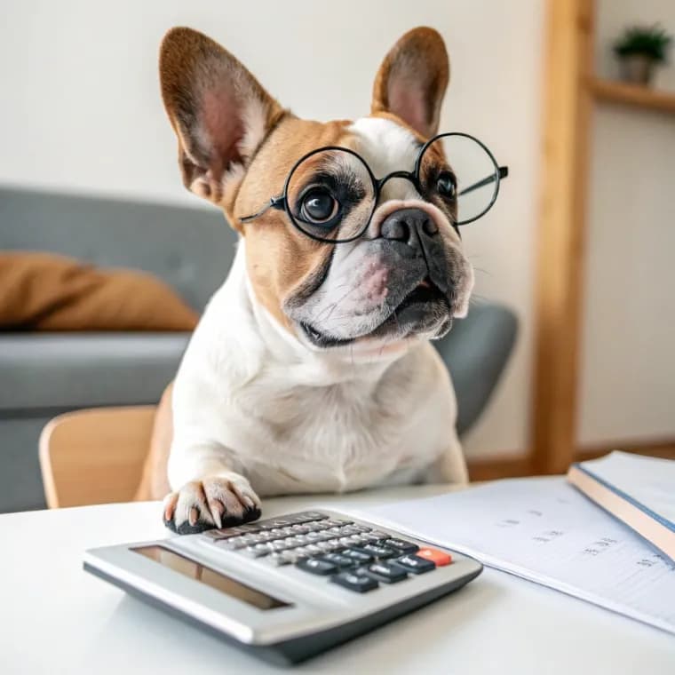 Bulldog sitting with a calculator