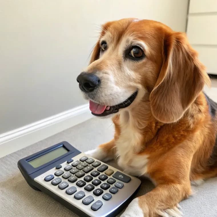 A Basset Retriever sitting on the floor with a calculator