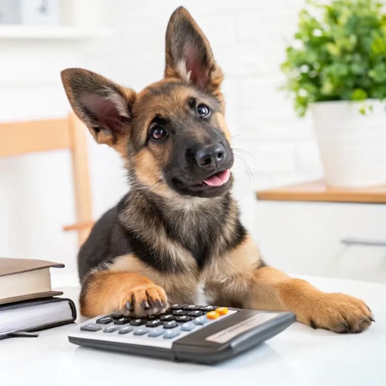 German Shepherd sitting with a calculator