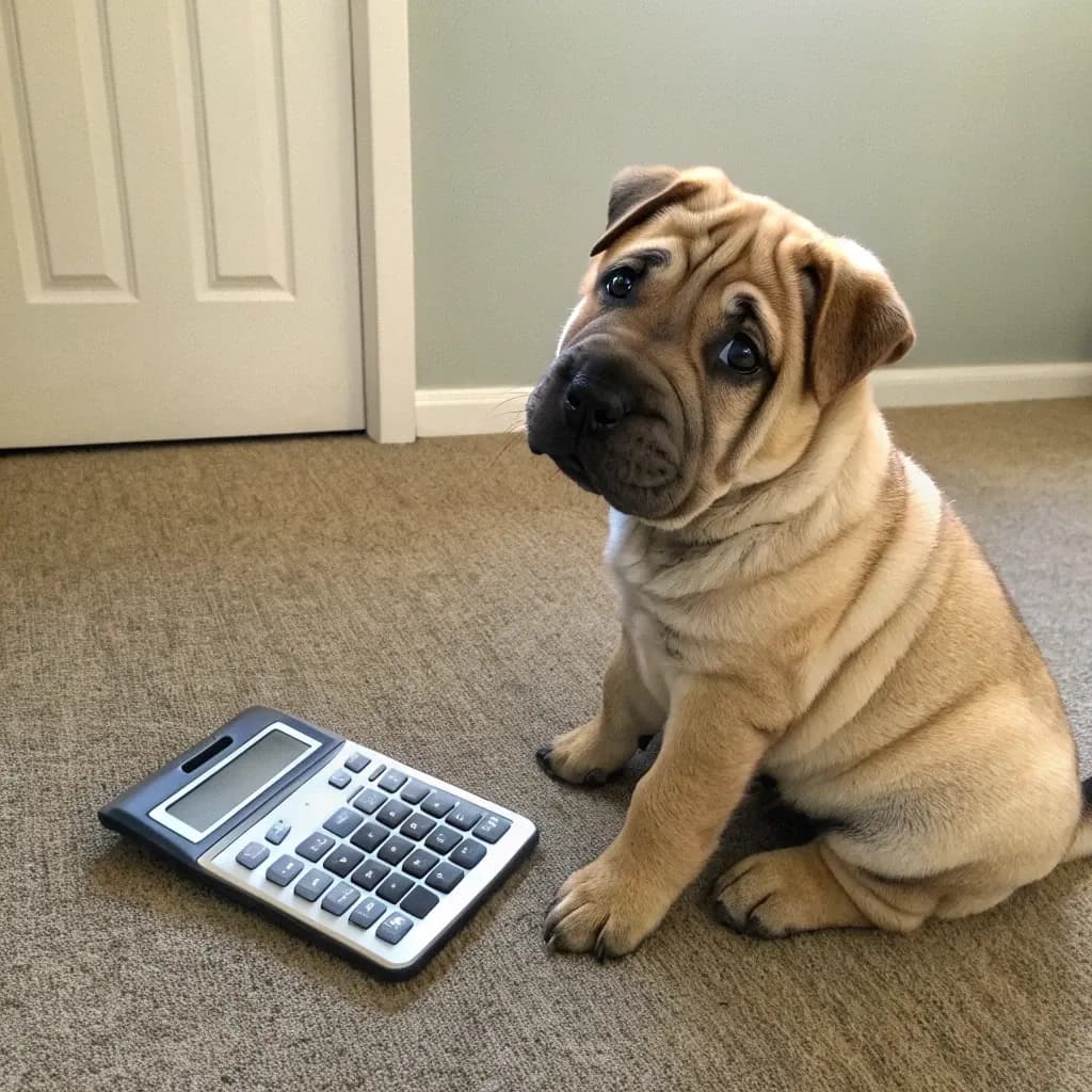 A Mini Shar Pei dog sitting inside on the carpet with a calculator