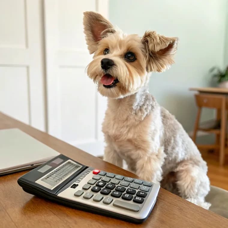 Schnoodle sitting with a calculator
