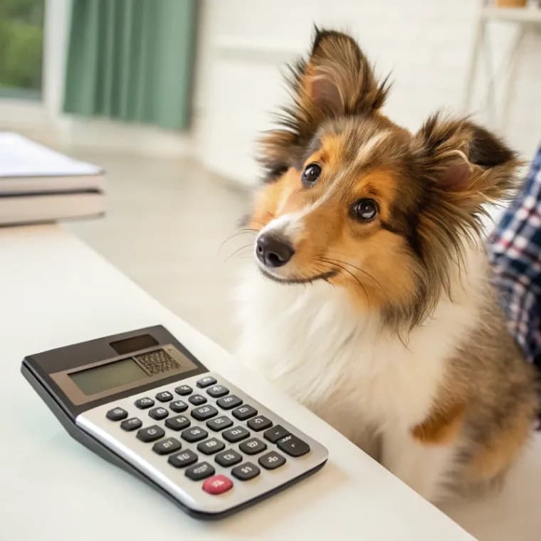 Shetland Sheepdog sitting with a calculator