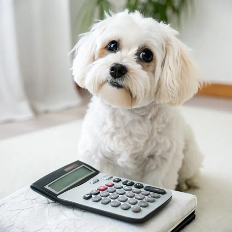 Havanese sitting with a calculator
