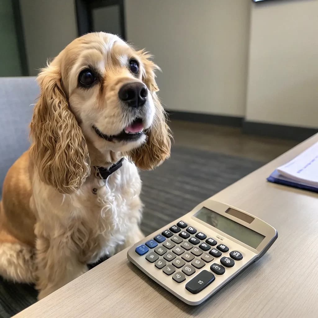 An American Cocker Spaniel dog sitting at a desk with a calculator
