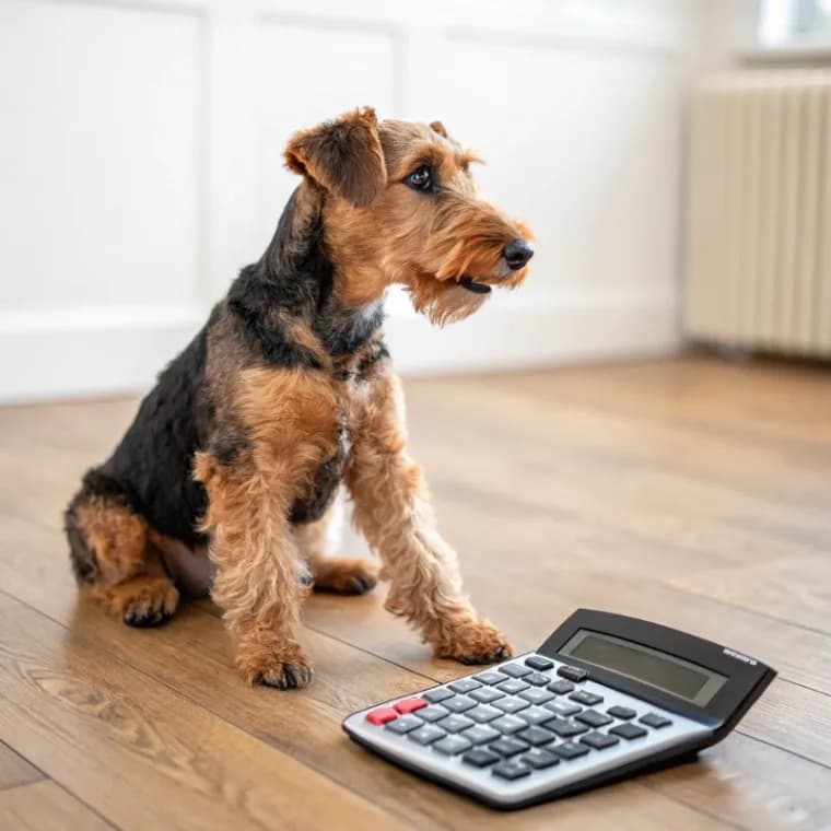 An Airedale Terrier puppy sitting on the hardwood floor with a calculator