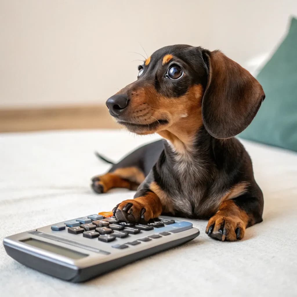 A black and brown mini dachshund sitting with a calculator on the floor