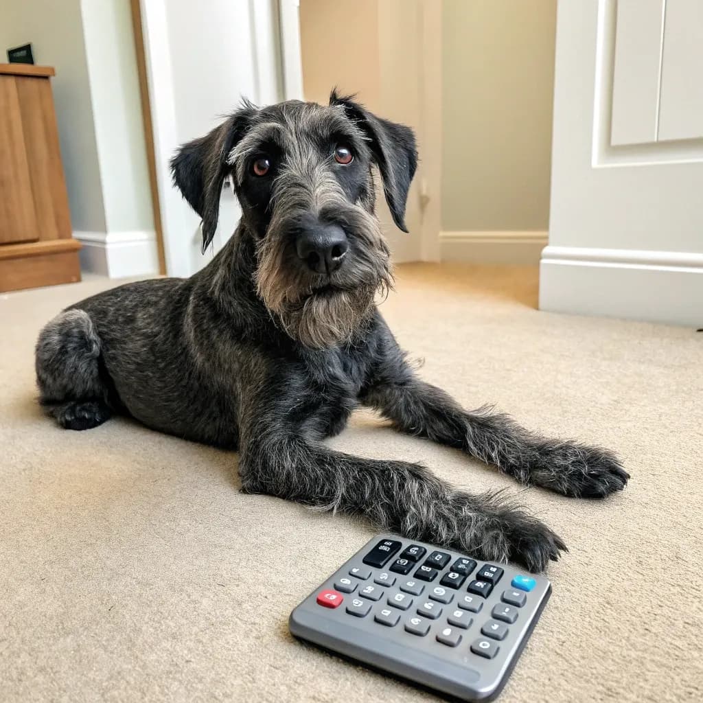 A Giant Schnauzer inside on the carpet sitting next to a calculator