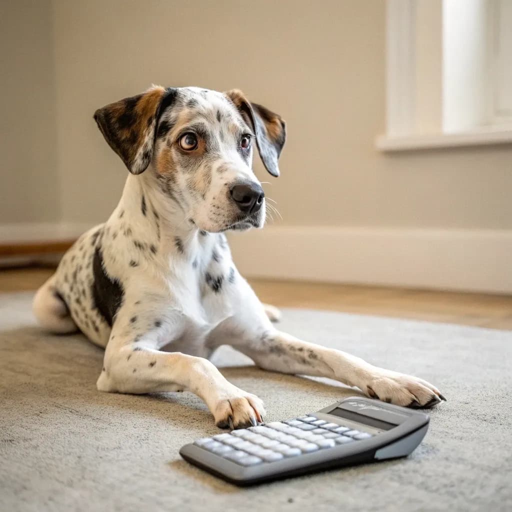 A small Catahoula Leopard Dog sitting on the carpet in a home with a calculator