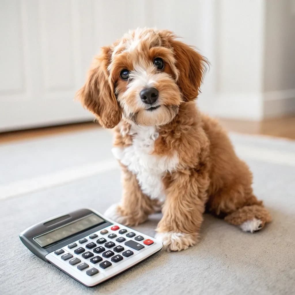 A Mini Aussiedoodle sitting inside on a rug with a calculator